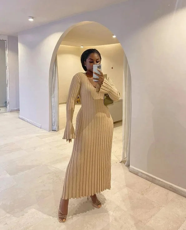 Sara - Herbst Neues Strick-Midikleid mit Ärmeln