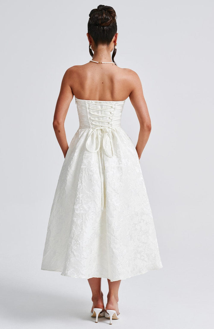 Tyche - Schulterfreies Jacquard-Midikleid