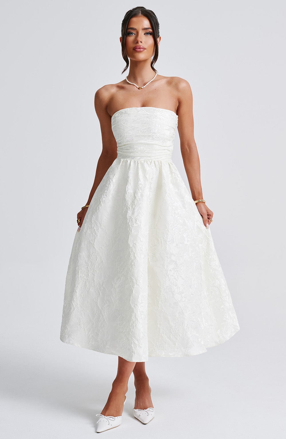 Tyche - Schulterfreies Jacquard-Midikleid